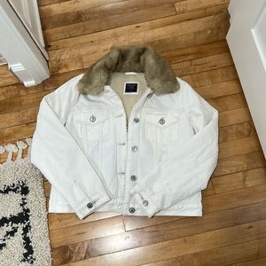 Abercrombie White Denim Jacket Sherpa Lined Fur Trim